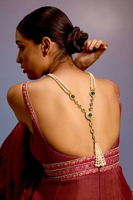Shop_Tarun Tahiliani_Emerald Green Cabochon Embellished Pearl Long Necklace _Online_at_Aza_Fashions