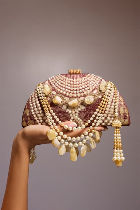 Tarun Tahiliani_Red Pearl Ruby Rouge Crystal Embellished Clutch _at_Aza_Fashions