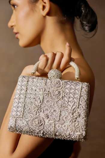 Tarun Tahiliani Silver Zari, Embroidery Floral Garden Of Eden Clutch Bag Online at Aza Fashions Tarun Tahiliani_Silver Zari, Embroidery Floral Garden Of Eden Clutch Bag _Online_at_Aza_Fashions