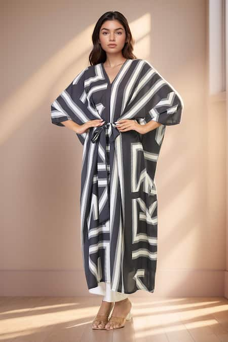 Samyukta Singhania Black French Moss Print Stripe V-neck Geometric Tie Up Kaftan 