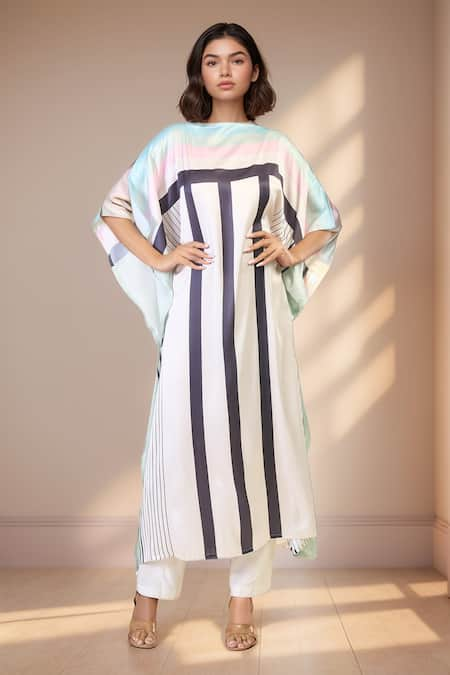 PAC FASHION CLOTHING Street Stripe Print Satin Silk Kaftan 