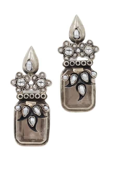Shop Sangeeta Boochra Silver Plated Pearls, Crystals Charm Embellished Earrings at Aza Fashions Shop_Sangeeta Boochra_Silver Plated Pearls, Crystals Charm Embellished Earrings _at_Aza_Fashions