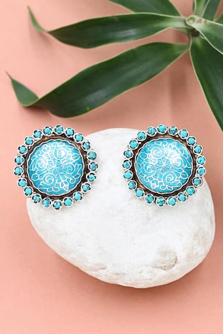 Sangeeta Boochra Blue Hydro Stone Artful Floral Carved Studs 