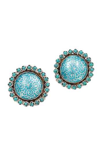 Shop Sangeeta Boochra Blue Crystals Artful Floral Carved Studs at Aza Fashions Shop_Sangeeta Boochra_Blue Crystals Artful Floral Carved Studs _at_Aza_Fashions