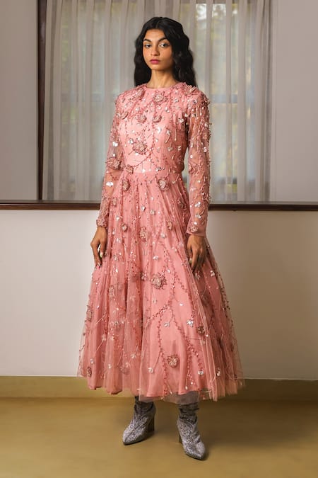 Rimple Agrawal Pink Net Embroidered 3d Floral Round Midi Dress 