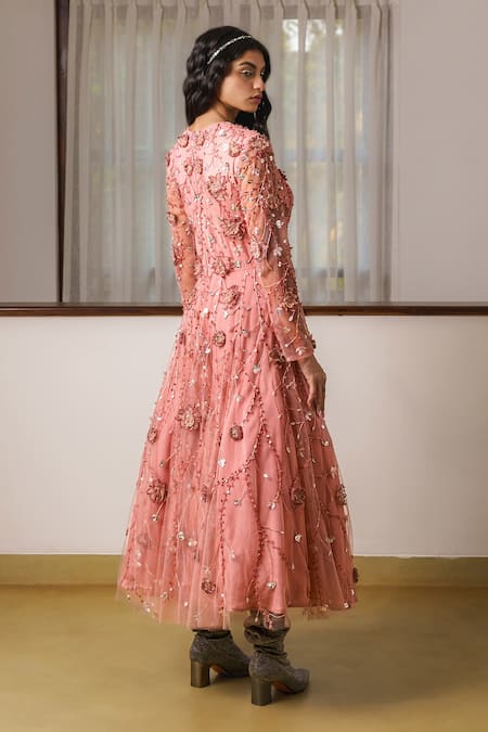 Shop Rimple Agrawal Pink Net Embroidered 3d Floral Round Midi Dress at Aza Fashions Shop_Rimple Agrawal_Pink Net Embroidered 3d Floral Round Midi Dress _at_Aza_Fashions