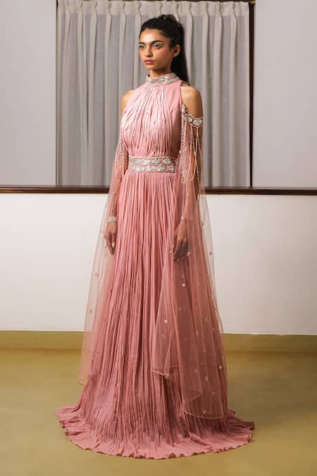 Rimple Agrawal Pink Georgette Embroidered Sequin Band Collar Pleated Gown 