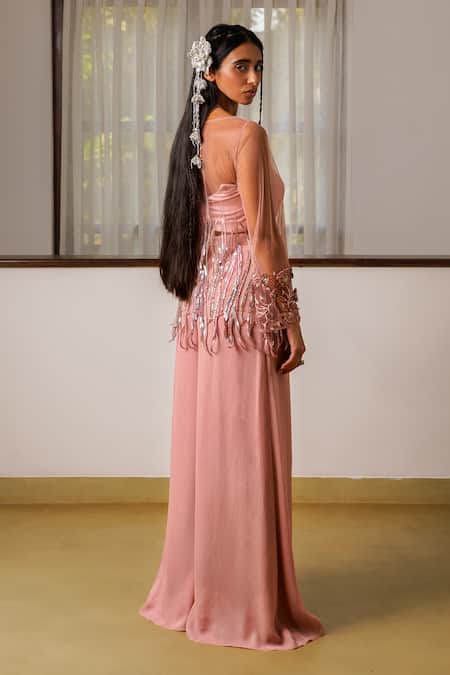 Shop Rimple Agrawal Pink Kurta Net Embroidered 3d Floral Boat Sheer Pant Set at Aza Fashions Shop_Rimple Agrawal_Pink Kurta Net Embroidered 3d Floral Boat Sheer Pant Set _at_Aza_Fashions