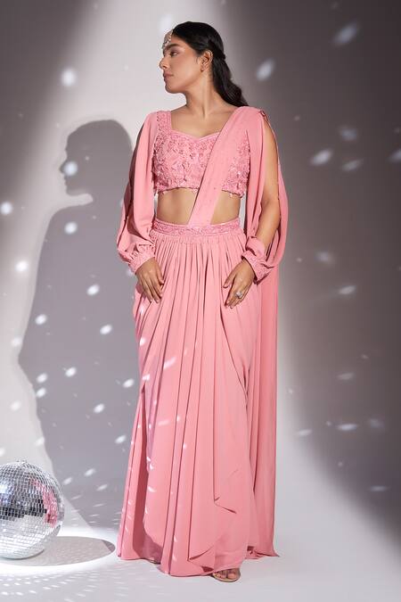 Rimple Agrawal_Pink Georgette Embroidered Floral Sequin Pre-draped Saree With Blouse For Kids_Online_at_Aza_Fashions