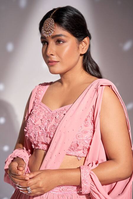 Shop_Rimple Agrawal_Pink Georgette Embroidered Floral Sequin Pre-draped Saree With Blouse For Kids_Online_at_Aza_Fashions