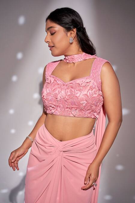 Rimple Agrawal_Pink Skirt Crepe Satin Embroidered Floral Solid Knotted Blouse Set For Kids_Online_at_Aza_Fashions