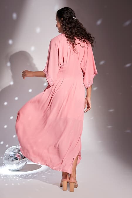 Shop Rimple Agrawal Pink Georgette, Crepe Beads, Cut Work V-neck Floral Embroidered Kaftan at Aza Fashions Shop_Rimple Agrawal_Pink Georgette, Crepe Beads, Cut Work V-neck Floral Embroidered Kaftan _at_Aza_Fashions