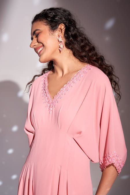 Rimple Agrawal Pink Georgette, Crepe Beads, Cut Work V-neck Floral Embroidered Kaftan Online at Aza Fashions Rimple Agrawal_Pink Georgette, Crepe Beads, Cut Work V-neck Floral Embroidered Kaftan _Online_at_Aza_Fashions