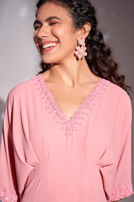 Buy Rimple Agrawal Pink Georgette, Crepe Beads, Cut Work V-neck Floral Embroidered Kaftan Online at Aza Fashions Buy_Rimple Agrawal_Pink Georgette, Crepe Beads, Cut Work V-neck Floral Embroidered Kaftan _Online_at_Aza_Fashions