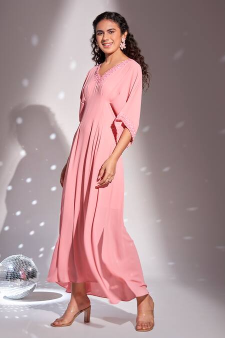 Shop Rimple Agrawal Pink Georgette, Crepe Beads, Cut Work V-neck Floral Embroidered Kaftan Online at Aza Fashions Shop_Rimple Agrawal_Pink Georgette, Crepe Beads, Cut Work V-neck Floral Embroidered Kaftan _Online_at_Aza_Fashions