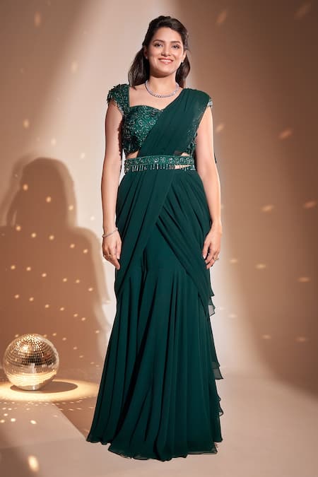 Rimple Agrawal Green Blouse Net Embroidered Floral Sweetheart Mermaid Pre-draped Saree With 