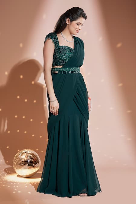 Rimple Agrawal_Green Blouse Net Embroidered Floral Mermaid Pre-draped Saree With For Kids_Online_at_Aza_Fashions