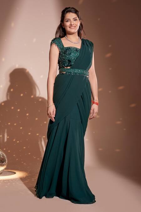 Buy_Rimple Agrawal_Green Blouse Net Embroidered Floral Mermaid Pre-draped Saree With For Kids_Online_at_Aza_Fashions