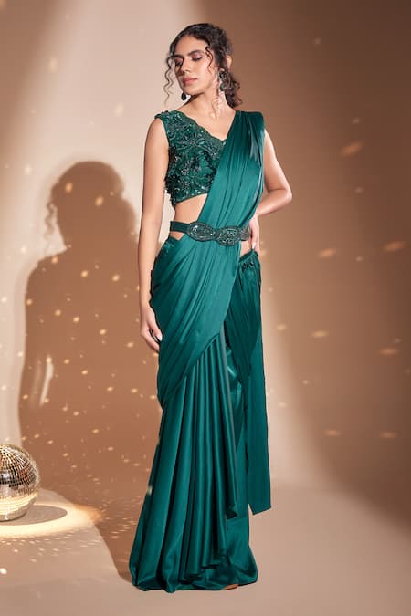 Rimple Agrawal Green Blouse Net Embroidered Floral V Neck Pre-draped Waterfall Saree With 