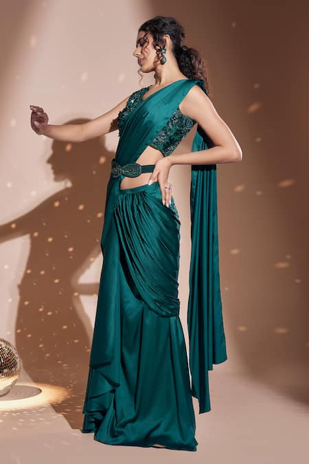 Rimple Agrawal_Green Blouse Net Embroidered Floral Pre-draped Waterfall Saree With For Kids_Online_at_Aza_Fashions