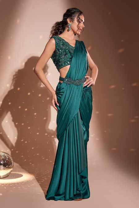 Shop_Rimple Agrawal_Green Blouse Net Embroidered Floral Pre-draped Waterfall Saree With For Kids_Online_at_Aza_Fashions