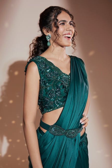 Rimple Agrawal_Green Blouse Net Embroidered Floral Pre-draped Waterfall Saree With For Kids_at_Aza_Fashions