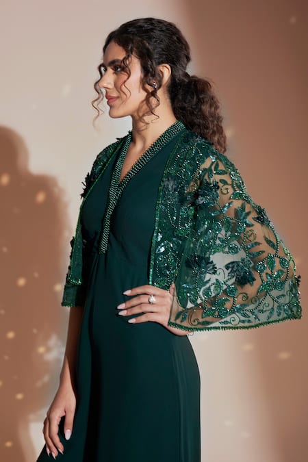 Buy_Rimple Agrawal_Green Jumpsuit Georgette Embroidered Bead Neck With Cape For Kids_Online_at_Aza_Fashions