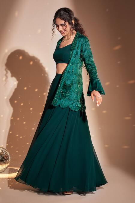 Rimple Agrawal_Green Blazer Liquid Silk Embroidered Bead Lehenga Set With For Kids_Online_at_Aza_Fashions