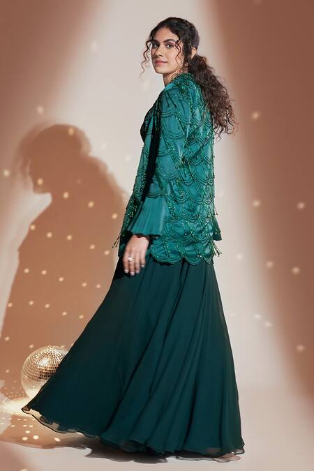 Buy_Rimple Agrawal_Green Blazer Liquid Silk Embroidered Bead Lehenga Set With For Kids_Online_at_Aza_Fashions