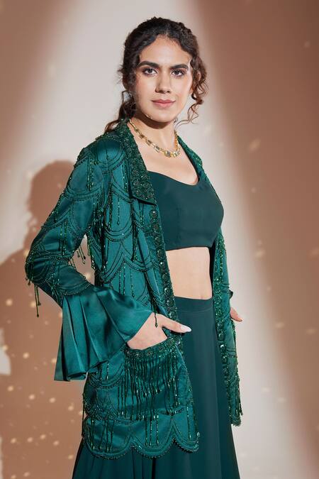Shop_Rimple Agrawal_Green Blazer Liquid Silk Embroidered Bead Lehenga Set With For Kids_Online_at_Aza_Fashions