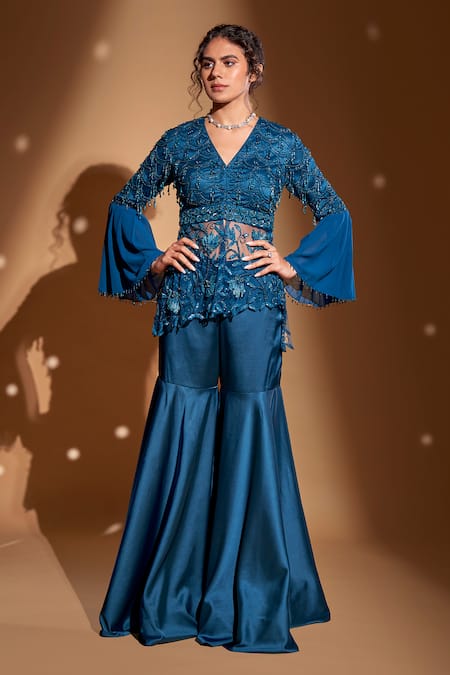 Rimple Agrawal Blue Tunic Net And Georgette Embroidery Crystal Floral Asymmetric With Gharara For Kids