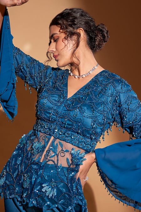 Buy_Rimple Agrawal_Blue Tunic Net And Georgette Embroidery Crystal Floral Asymmetric With Gharara For Kids_Online_at_Aza_Fashions