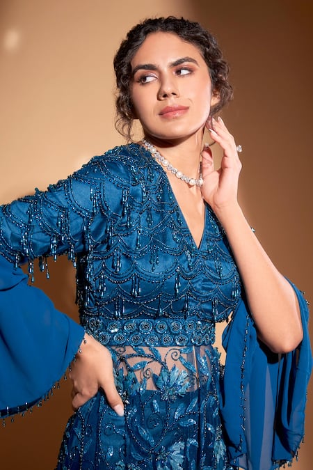 Shop_Rimple Agrawal_Blue Tunic Net And Georgette Embroidery Crystal Floral Asymmetric With Gharara For Kids_Online_at_Aza_Fashions