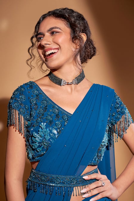Buy_Rimple Agrawal_Blue Pre-draped Saree Georgette Embroidery Tassels Floral With Blouse For Kids_Online_at_Aza_Fashions