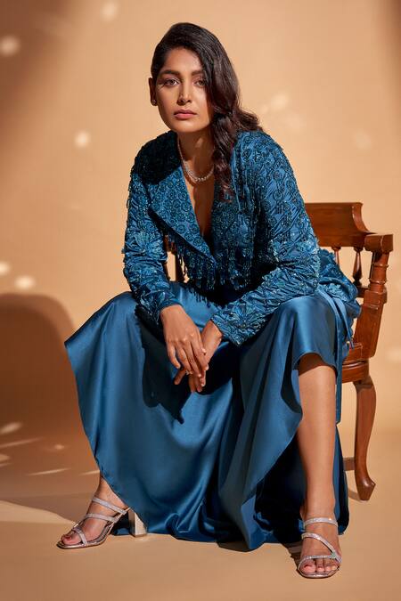 Rimple Agrawal_Blue Liquid Silk Embroidery Beads Floral Balzer And Palazzo Set For Kids_Online_at_Aza_Fashions