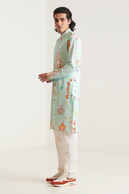 Blushing Couture By Shafali_Blue Cotton Printed Carnival Kurta And Pant Set _Online_at_Aza_Fashions