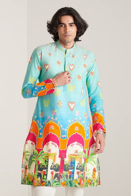 Blushing Couture By Shafali_Blue Cotton Printed Wedding Kurta And Pant Set _Online_at_Aza_Fashions