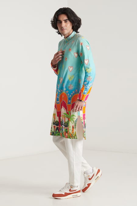 Buy_Blushing Couture By Shafali_Blue Cotton Printed Wedding Kurta And Pant Set _Online_at_Aza_Fashions