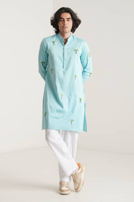 Blushing Couture by shafali Blue Cotton Embroidered Palm Kurta And Pant Set 