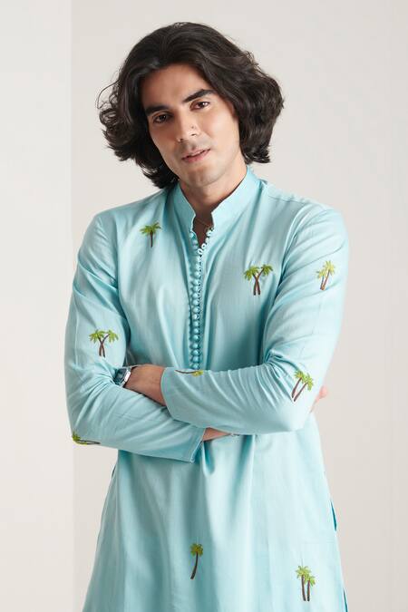 Blushing Couture By Shafali_Blue Cotton Embroidery Palm Kurta And Pant Set _Online_at_Aza_Fashions
