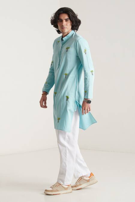 Buy_Blushing Couture By Shafali_Blue Cotton Embroidery Palm Kurta And Pant Set _Online_at_Aza_Fashions