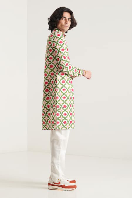 Blushing Couture By Shafali_Multi Color Cotton Printed Lotus Kurta And Pant Set _Online_at_Aza_Fashions