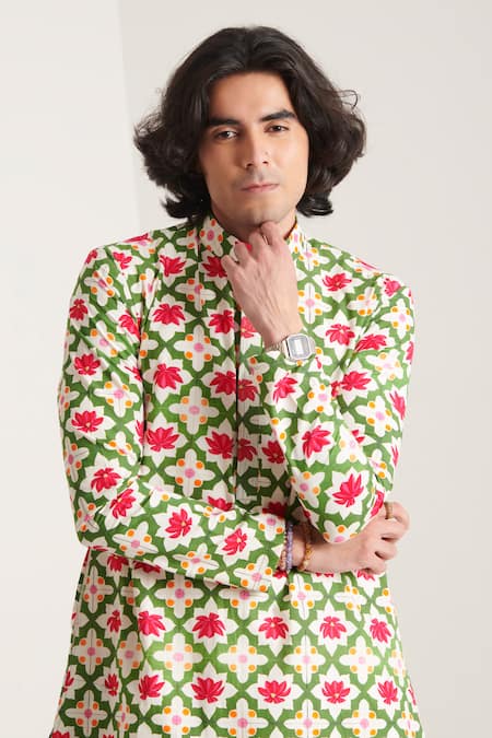 Buy_Blushing Couture By Shafali_Multi Color Cotton Printed Lotus Kurta And Pant Set _Online_at_Aza_Fashions