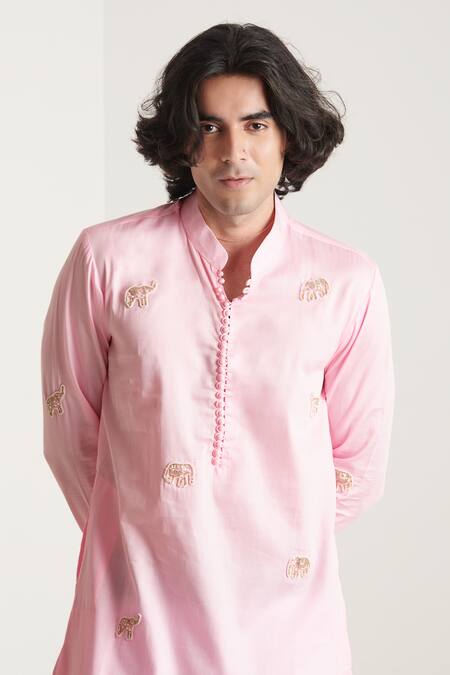 Blushing Couture By Shafali_Pink Cotton Embroidery Elephant Motif Kurta And Pant Set _Online_at_Aza_Fashions