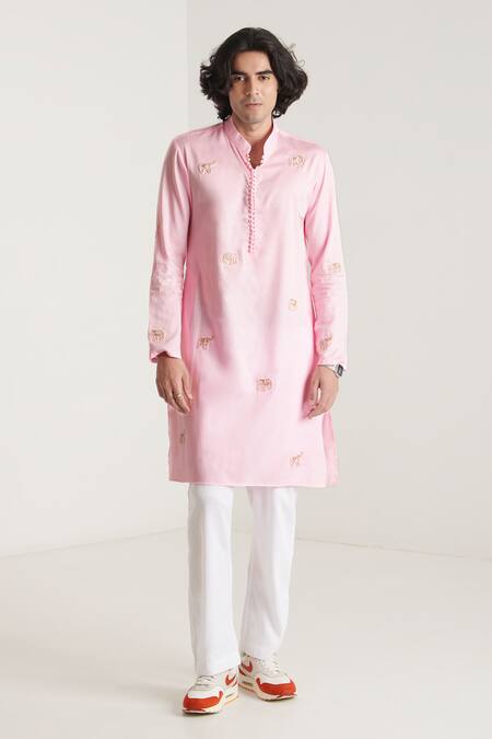 Buy_Blushing Couture By Shafali_Pink Cotton Embroidery Elephant Motif Kurta And Pant Set _Online_at_Aza_Fashions