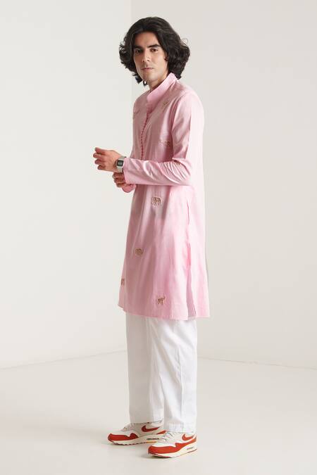 Shop_Blushing Couture By Shafali_Pink Cotton Embroidery Elephant Motif Kurta And Pant Set _Online_at_Aza_Fashions