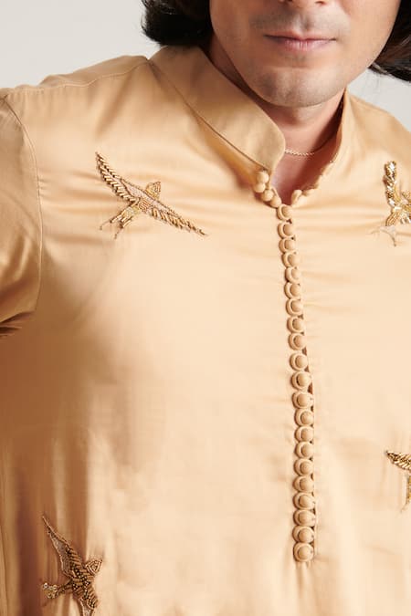 Blushing Couture By Shafali_Beige Cotton Embroidery Bird Motif Kurta And Pant Set _Online_at_Aza_Fashions