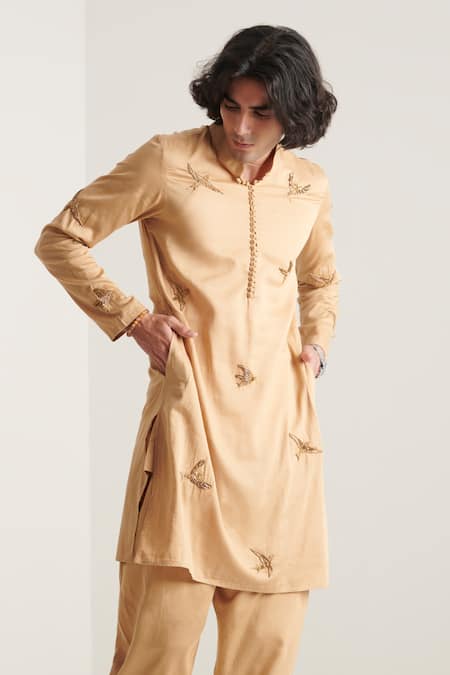 Buy_Blushing Couture By Shafali_Beige Cotton Embroidery Bird Motif Kurta And Pant Set _Online_at_Aza_Fashions