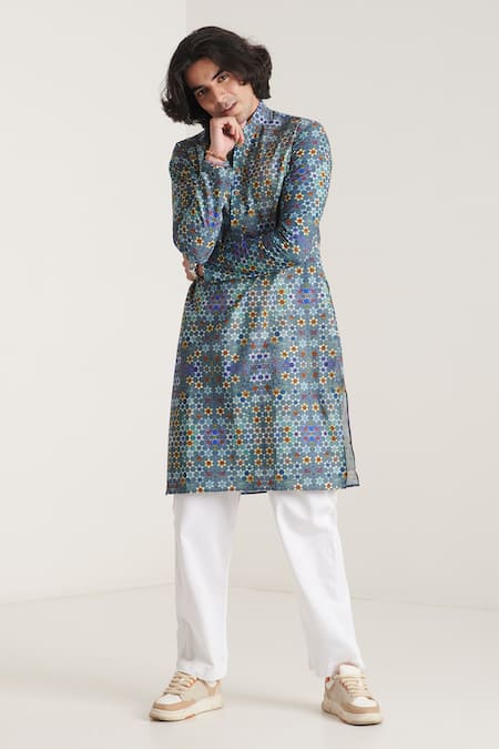 Blushing Couture by shafali Blue Cotton Printed Mosaic Kurta And Pant Set 