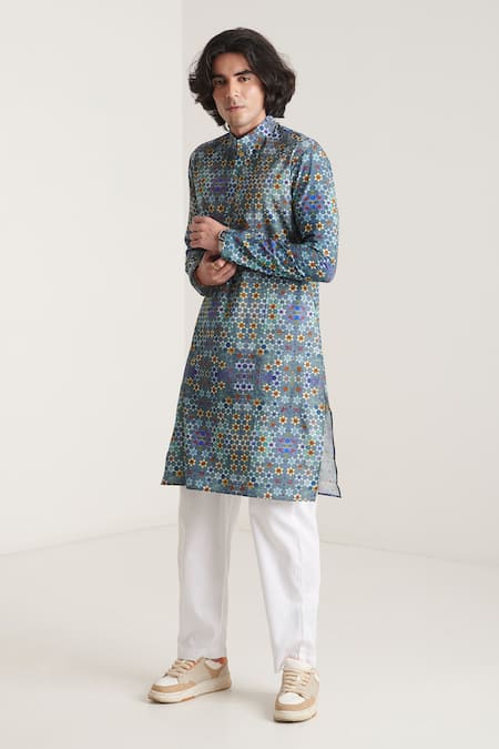 Blushing Couture By Shafali_Blue Cotton Printed Mosaic Kurta And Pant Set _Online_at_Aza_Fashions